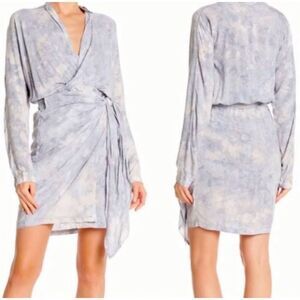 YFB long sleeve navy blue tie dye collared wrap dress boho mini sz small